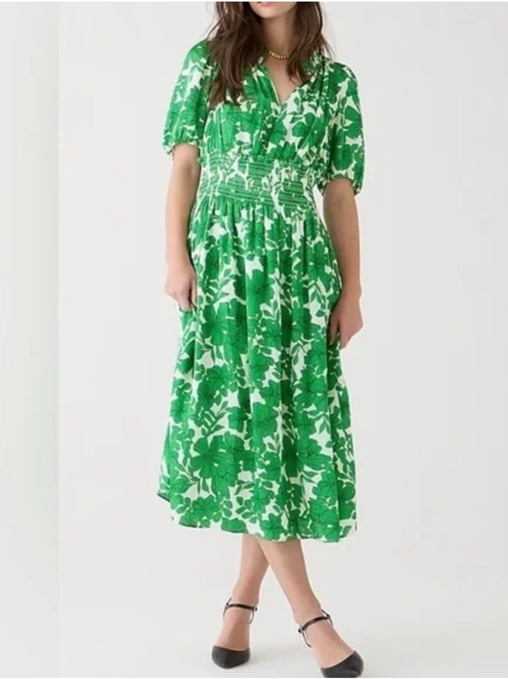 J. Crew Smocked-waist short-sleeve maxi dress in greenhouse floral print L